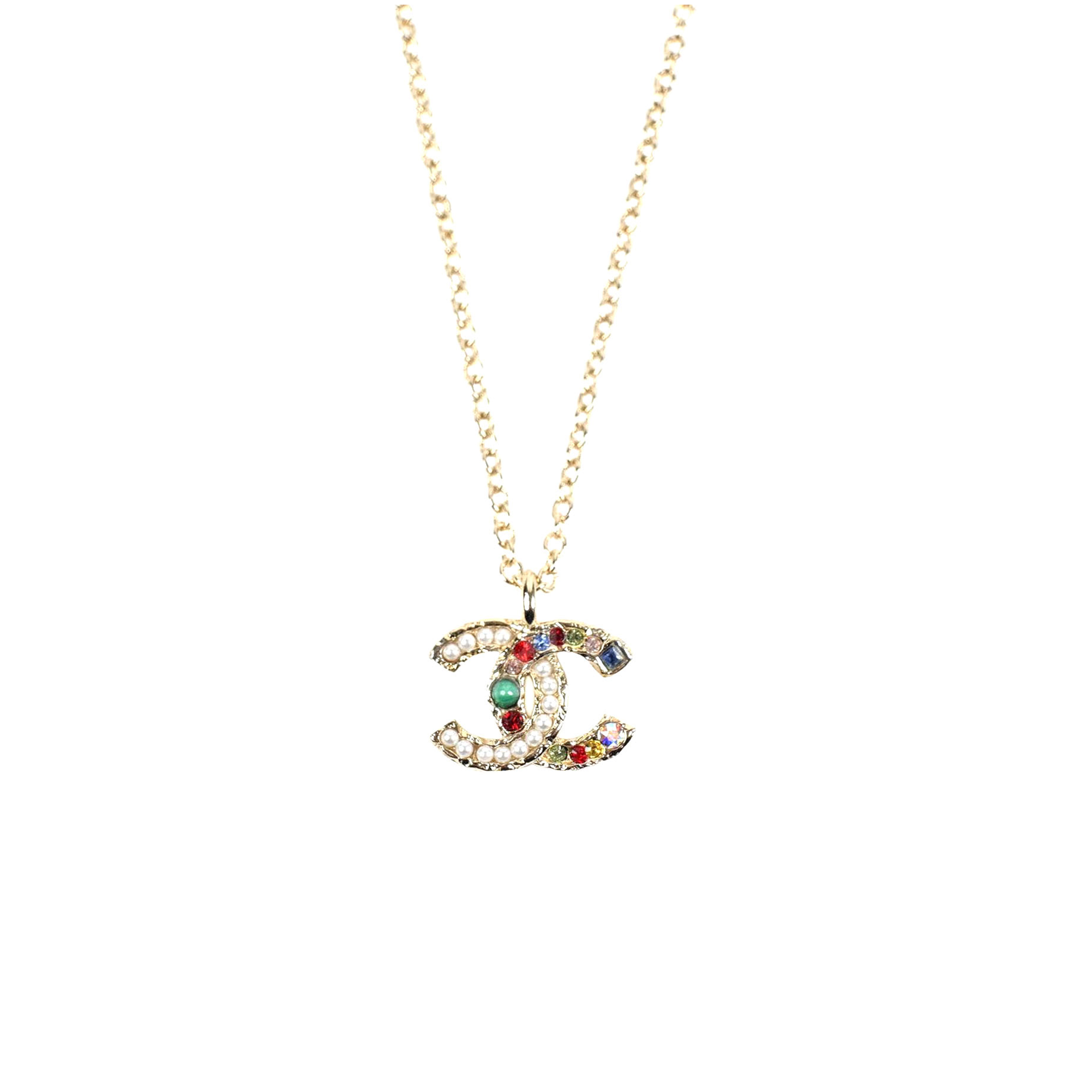 Ch**el gold cc logo colorful rhinestone pearl necklace ab8540